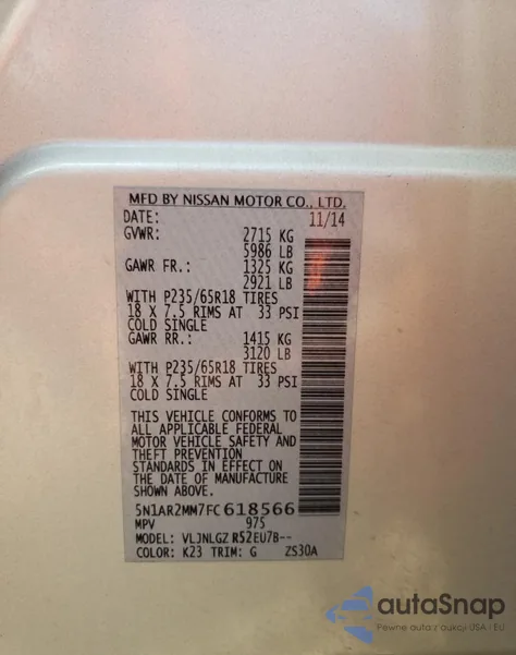 2015 Nissan Pathfinder S z USA, uszkodzony, nr VIN 5N1AR2MM7FC618566